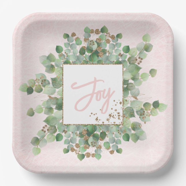 Joy Modern Eucalyptus Gold Glitzer Pastel Pink Pappteller (Vorderseite)