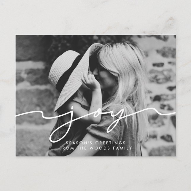 Joy Modern Handschrift Holiday Foto Postkarte (Vorderseite)