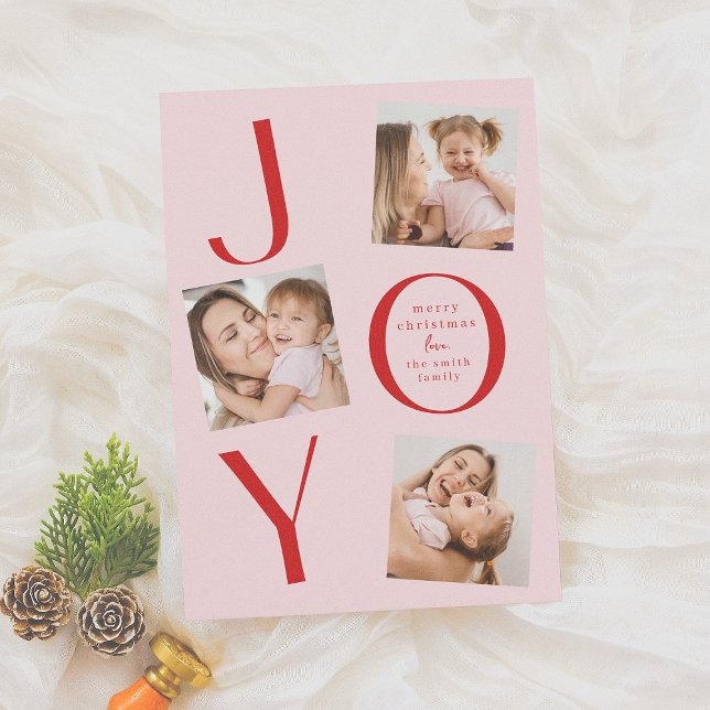 Joy | Modern Pink & Red 3 Foto Weihnachten (Von Creator hochgeladen)