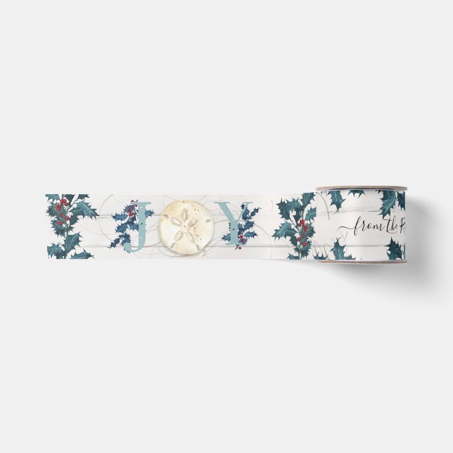 Joy Muschel Christmas Blue White Holly Beach Hütte Satinband (Vorderseite)