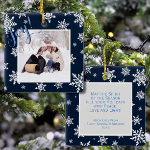 Joy! Navy Blue & White Snowflakes Weihnachts-Foto Keramikornament