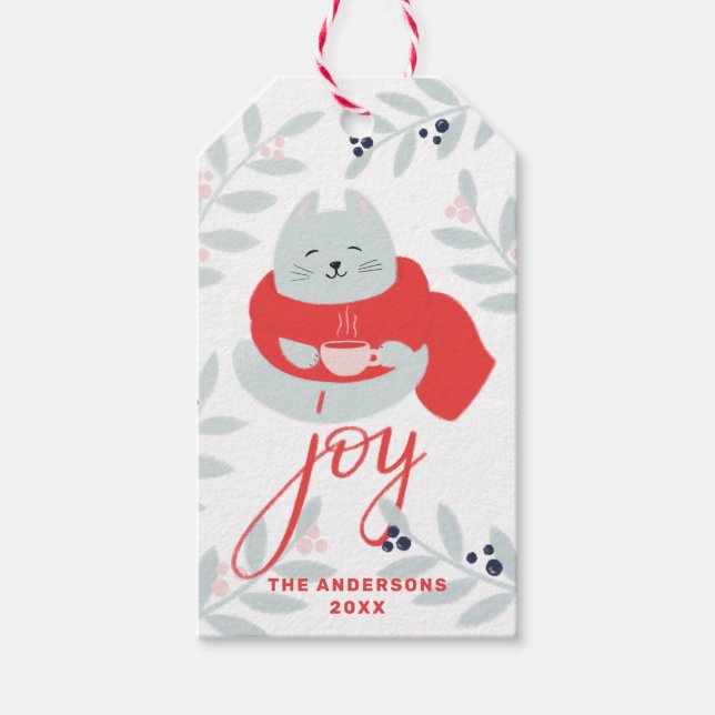 Joy. Niedliche Weihnachtskatze / Winterferien Geschenkanhänger (Vorderseite)