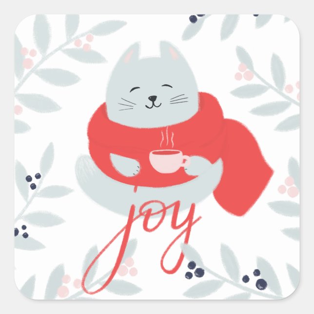 Joy. Niedliche Weihnachtskatze. Winterferien Quadratischer Aufkleber (Vorderseite)