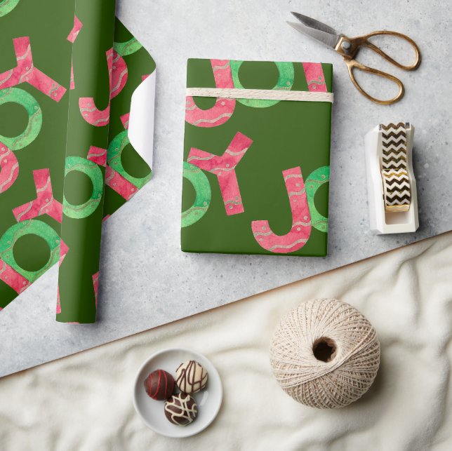 Joy | Niedliches, farbenfroh grünes Weihnachtsmust Geschenkpapier (Kunsthandwerk)
