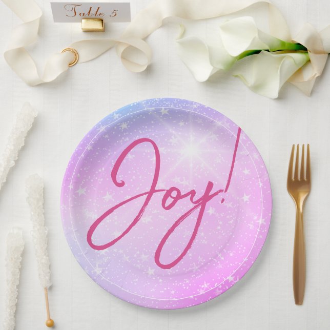 Joy! oder Ihre Nachricht Fuchsia Text Lila Pink St Pappteller (Hochzeit)