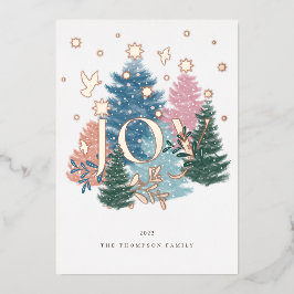 Joy Pastel Watercolor Weihnachtsbaumwald & Taube Folien Feiertagskarte