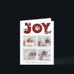 JOY Paws Gold | Begleiter liebt vier Fotocollage Feiertagskarte<br><div class="desc">Feiern Sie den Urlaub mit dieser schicken, niedlichen und liebevoll minimalistischen Urlaubskarte. Diese Karte enthält vier (4) Ihrer Lieblings-Fotos in einem einfachen Collage-Layout. Über den Fotos steht der Buchstabe " JOY " mit goldfarbenen und roten Hundepuhen. Unter Fotos finden Sie Ihre persönliche Grußbotschaft und Ihren Namen & Hundenamen in moderner...</div>