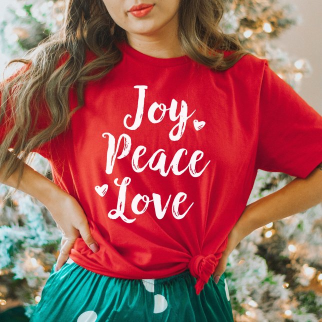 Joy Peace Liebe Red Brushed Script Womens Holiday T-Shirt (Von Creator hochgeladen)