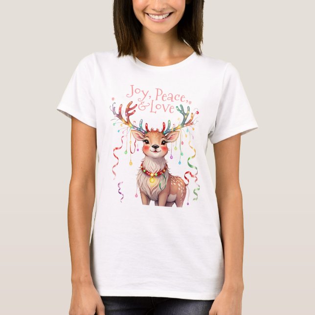 Joy Peace Liebe Rentier und Weihnachtsleuchten T-Shirt (Vorderseite)