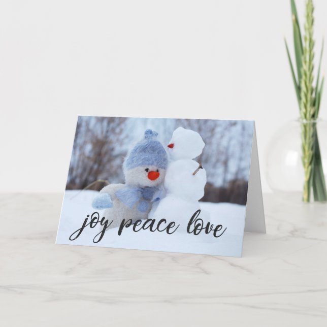 Joy Peace Liebe YOUR FOTO oder Behalt Snowman Foto Karte (Vorderseite)