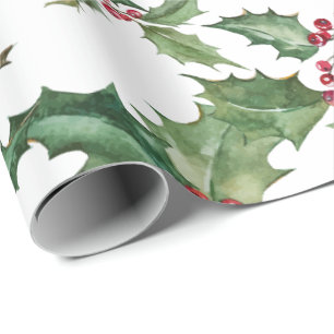 Joy Peace Watercolor Holly and Berries Geschenkpapier