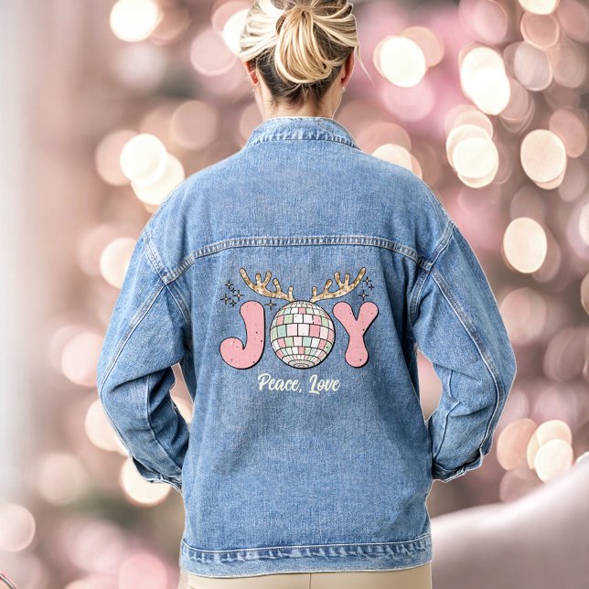 Joy Pink Christmas Disco Ball Text Denim Veste (Joy Pink Christmas Disco Ball Text Denim Jacket)