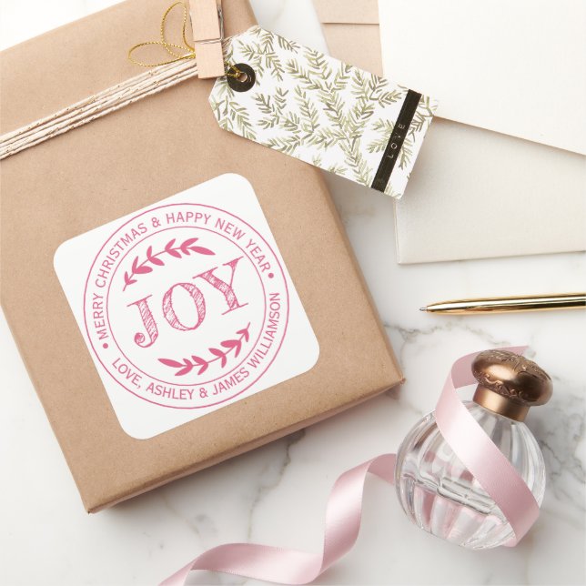 JOY Pink Frohe Weihnachtsnachricht Geschenksiegel Quadratischer Aufkleber (Schenken)