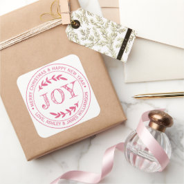 JOY Pink Frohe Weihnachtsnachricht Geschenksiegel Quadratischer Aufkleber