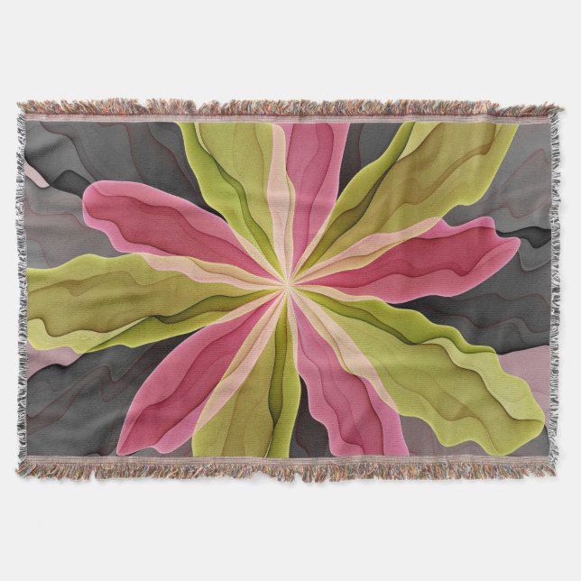 Joy, Pink Green Anthracite Fantasy Blume Fraktal Decke (Vorderseite)