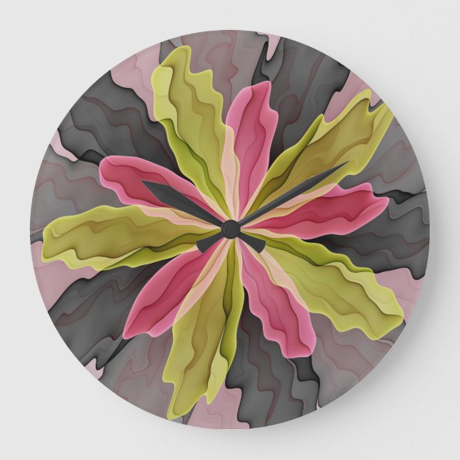 Joy, Pink Green Anthracite Fantasy Blume Fraktal Große Wanduhr (Vorderseite)