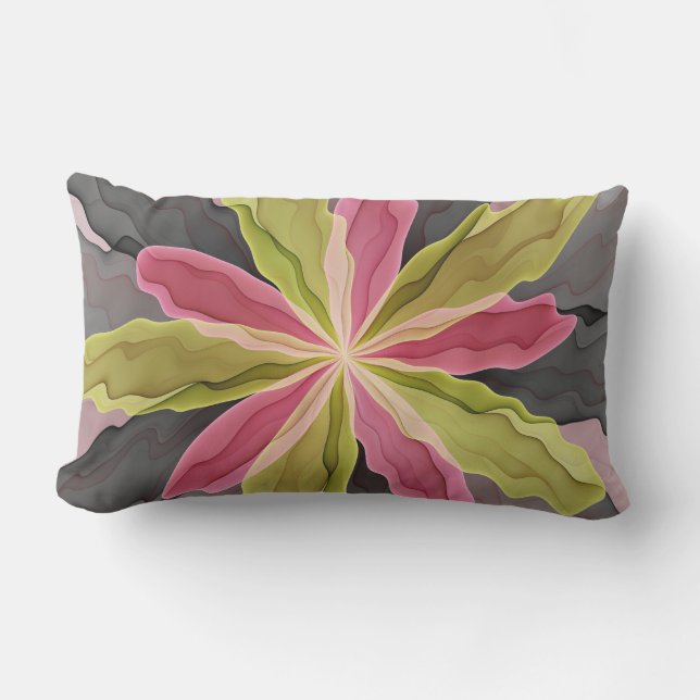 Joy, Pink Green Anthracite Fantasy Blume Fraktal Kissen Für Draußen (Vorderseite)