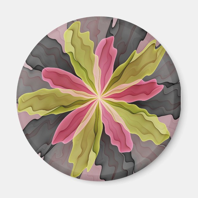 Joy, Pink Green Anthracite Fantasy Blume Fraktal Magnet (Vorne)