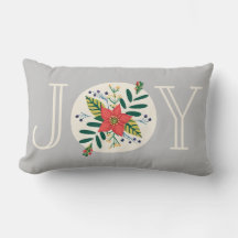 Joy Poinsettia Floral Gray Lumbar Pillow