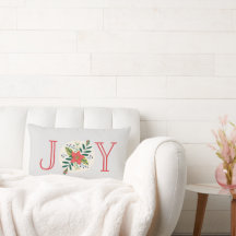 Joy Poinsettia Floral Light Gray Lumbar Pillow