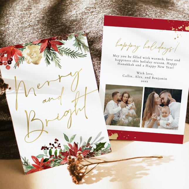 JOY Red Floral Poinsettia Gold Foto Holiday Card Einladung (Von Creator hochgeladen)