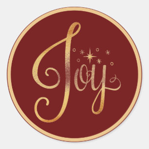 "Joy" Red Gold Script Elegante Feiertage Saison Runder Aufkleber