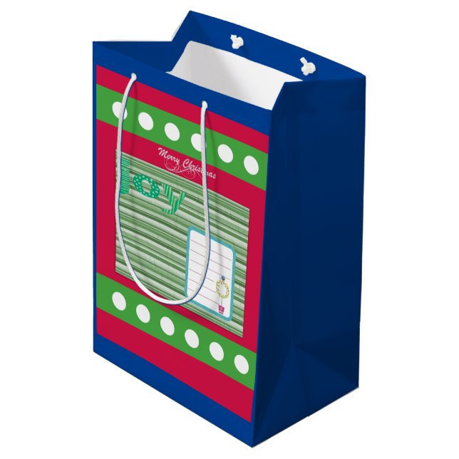 Joy Red & Green & Blue Weihnachtsgeschenktaschen Mittlere Geschenktüte (Rückseite Schrägansicht)