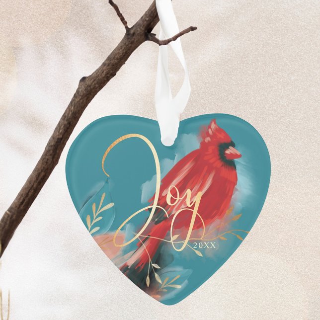 Joy Red Kardinal Watercolor Christmas Bird Foto Ornament (Joy Red Cardinal Watercolor Christmas Bird Photo Ornament)