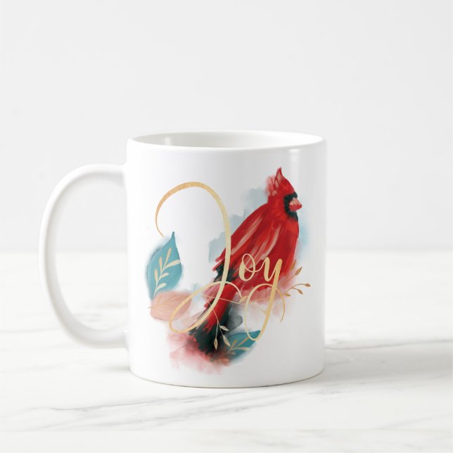 Joy Red Perched Kardinal Watercolor Christmas Bird Kaffeetasse (Links)