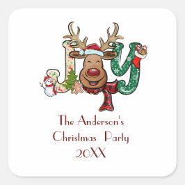 Joy Reindeer Fun Weihnachtsfeier Quadratischer Aufkleber