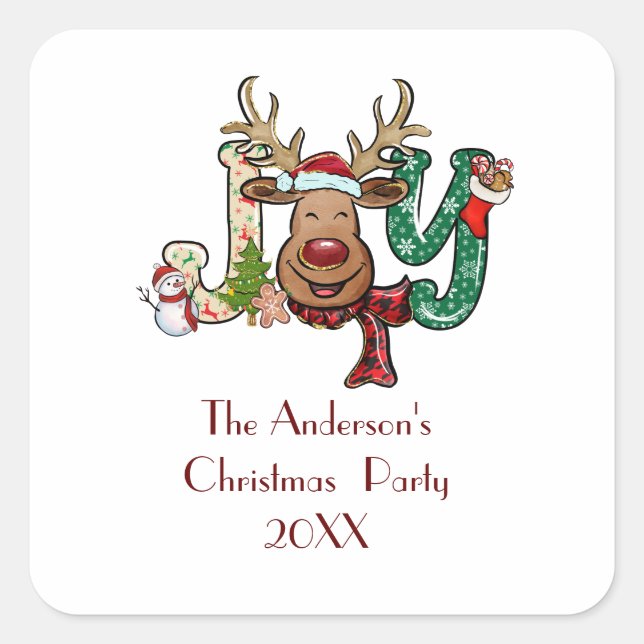 Joy Reindeer Fun Weihnachtsfeier Quadratischer Aufkleber (Vorderseite)