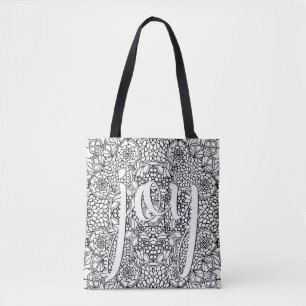 Joy Script Calligraphy Floral Black and White Tasche