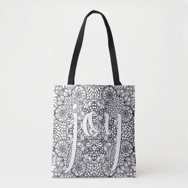 Joy Script Calligraphy Floral Black and White Tasche (Vorderseite)