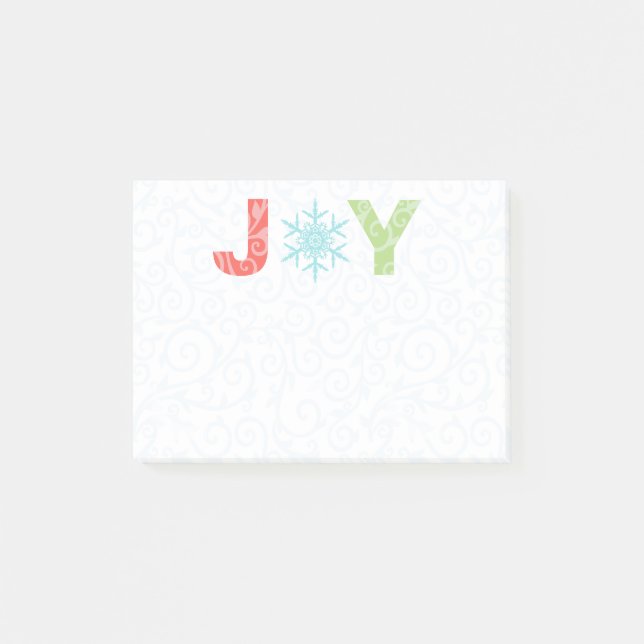 Joy Snowflake Pastel Red Damask Holiday 4" x 3" Post-it Klebezettel (Vorderseite)