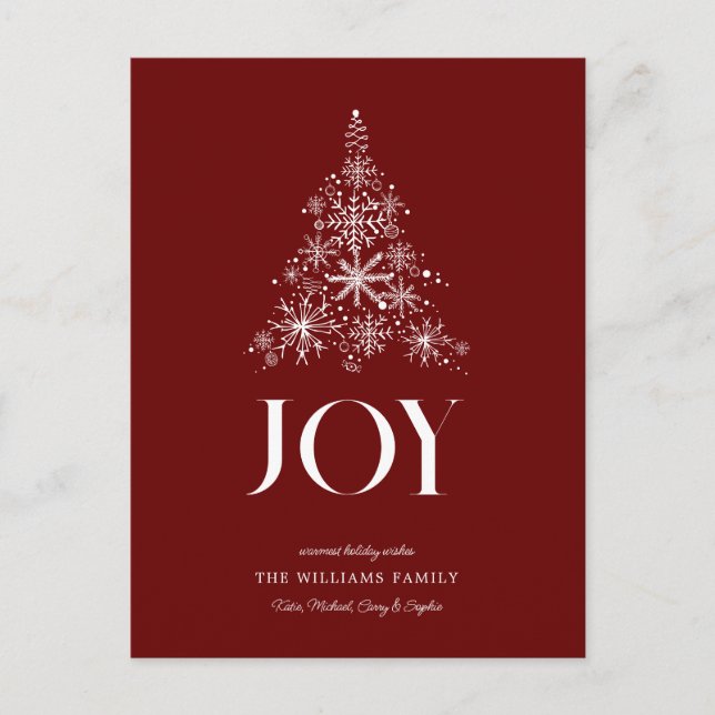 JOY | Snowflake Weihnachtsbaum Feiertagspostkarte (Vorderseite)