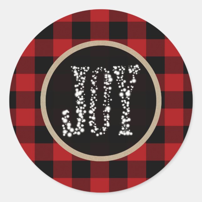 JOY Sparkling Lights Holiday Red Buffalo Kariert Runder Aufkleber (Vorderseite)
