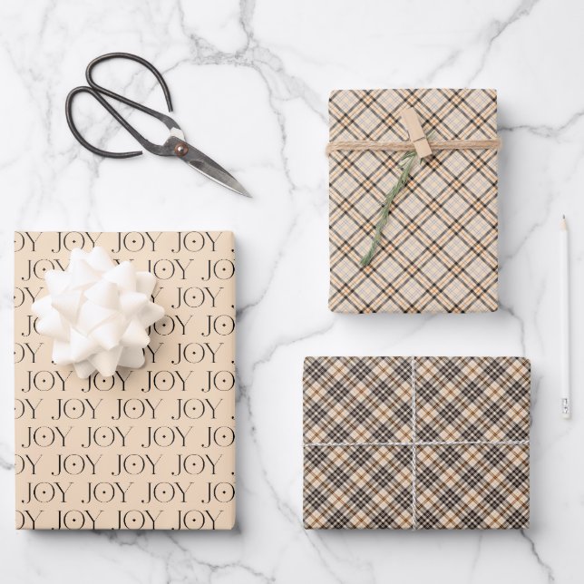 Joy Tan Tartan Kariert Pattern Weihnachten Geschenkpapier Set (Vorderseite)