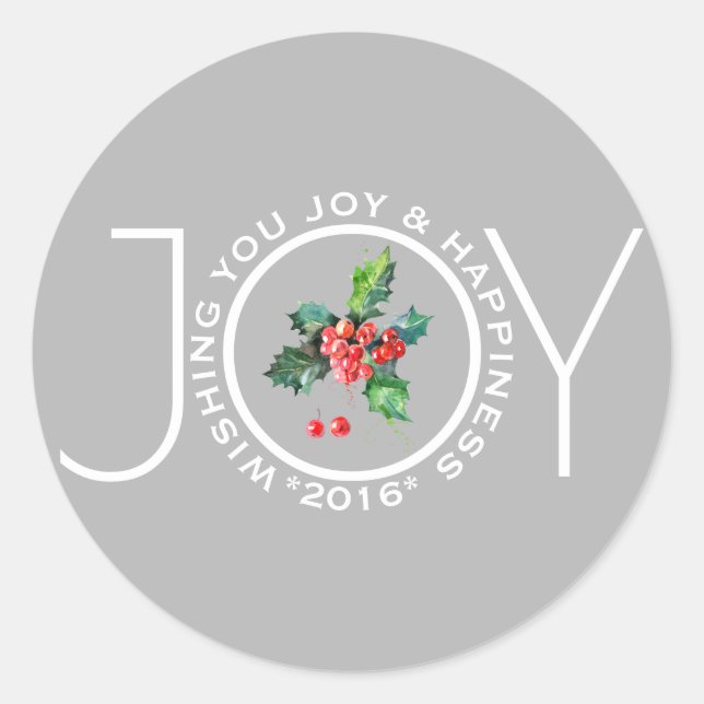 Joy Template mit Mistletoe Light Gray Runder Aufkleber (Vorderseite)