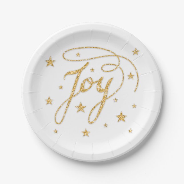 JOY Text Imitats Gold Glitzer mit Sternen aussehen Pappteller (Vorderseite)