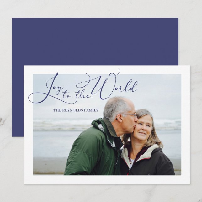 Joy to the World Blue Photo Christmas Carte (Devant / Derrière)