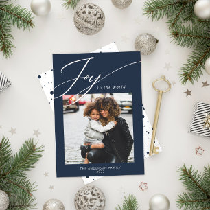 Joy to the World Christmas Photo Navy Carte de vac