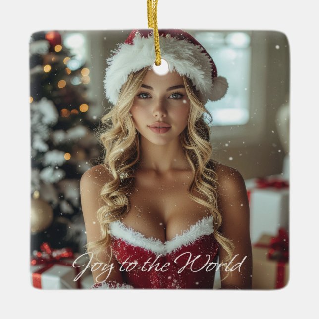 JOY TO THE WORLD - Christmas Santa Girl Keramikornament (Vorderseite)