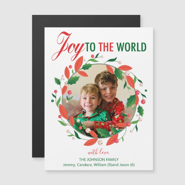 Joy to the World Christmas Wreath Photo Magnet (Devant / Derrière)