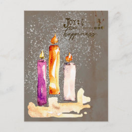 Joy! Trio of Candles Watercolor Sparkle Feiertagspostkarte