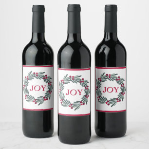 "JOY" Typografie Holly Berry Wreath Red Weinetikett