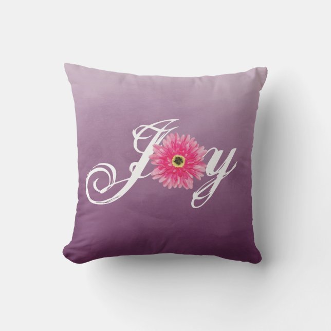 Joy Typografie Pink Gerbera Daisy Blume auf Lila Kissen (Vorderseite)