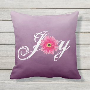 Joy Typografie Pink Gerbera Daisy Blume auf Lila Kissen