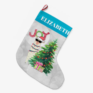 Joy Typografie   Weihnachtslama hinter einem Baum Großer Weihnachtsstrumpf