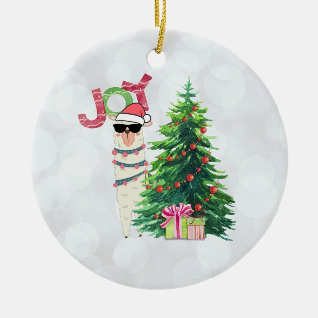 Joy Typografie | Weihnachtslama mit Baum Keramik Ornament (Vorne)