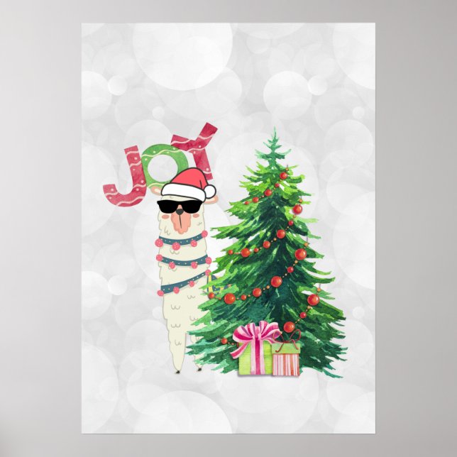 Joy Typografie | Weihnachtslama mit Baum Poster (Vorne)